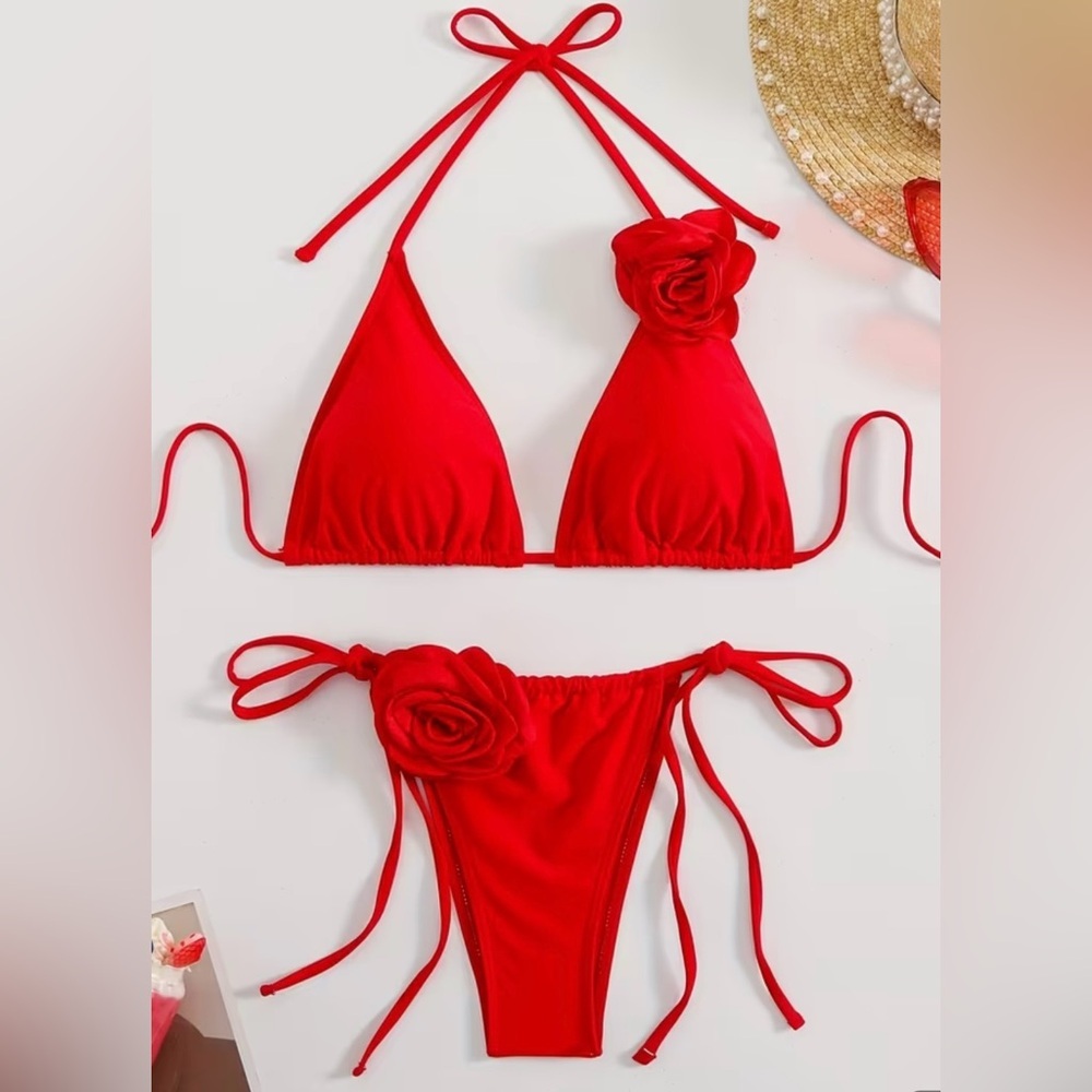 Red 3D Rose Halter Side Tie Bikini Set